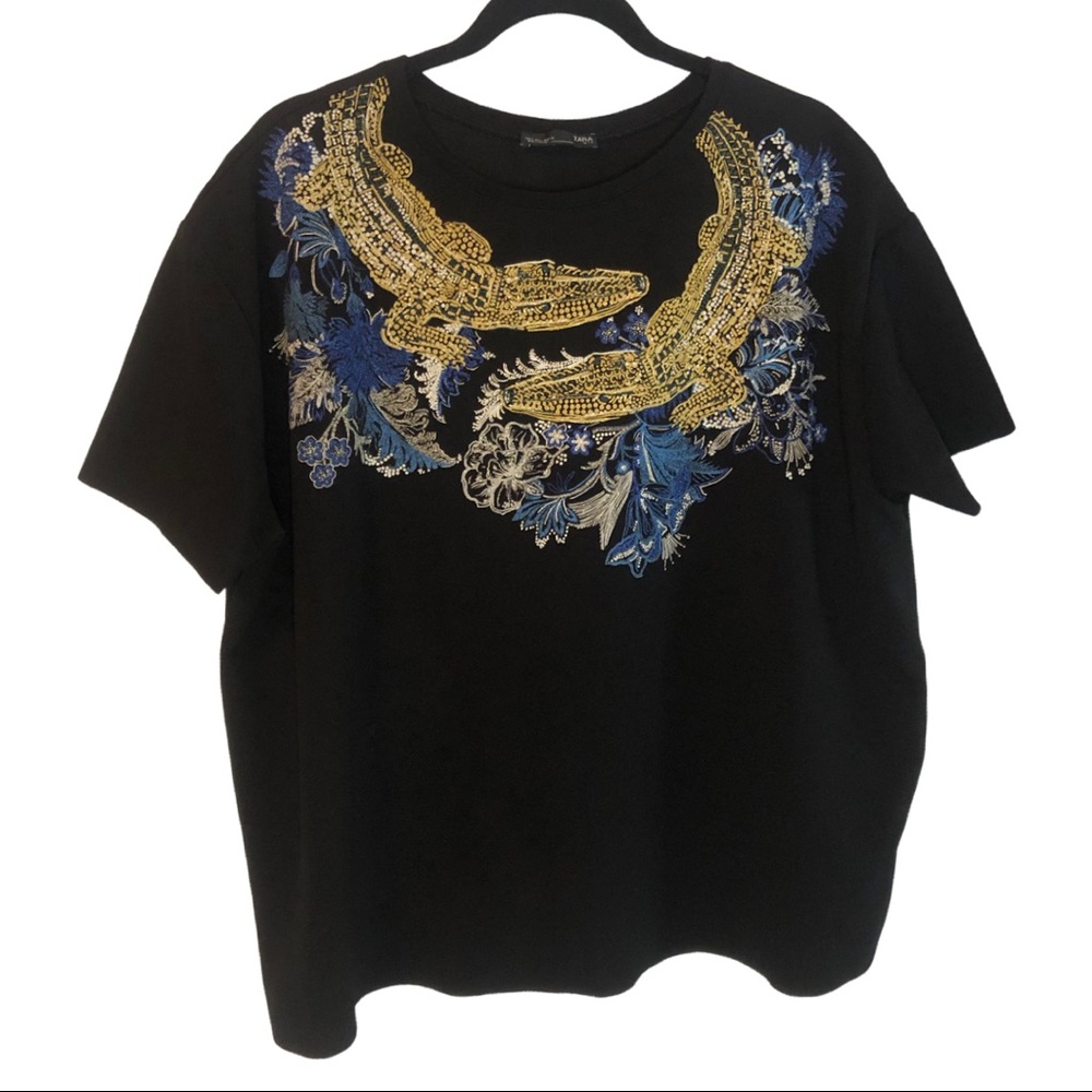 ZARA Blue Gold Print Alligator Shirt Top